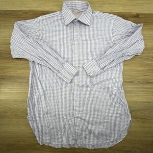 PINK Thomas Pink Shirt Men 17 34 Pink Blue Check Button Up